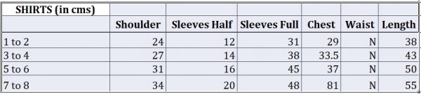 Shirts Size Chart